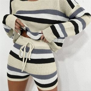 SHEIN Striped Knit Pajama Set - Black, Gray, Cream